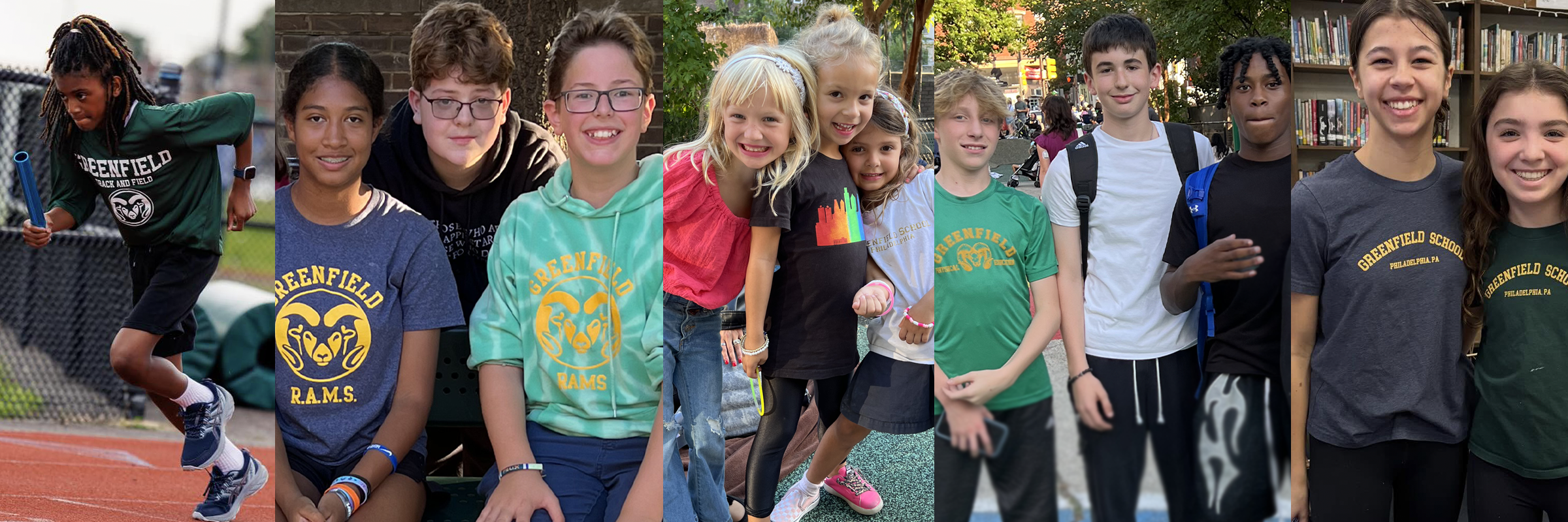 Collage of Albert M. Greenfield School students participating in school activities, including athletics, group photos, and classroom moments in Philadelphia